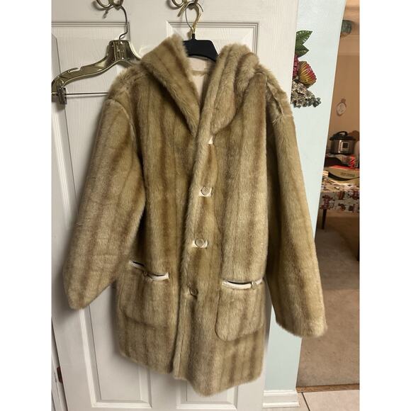 Jones New York Jackets & Blazers - Jones NY Faux Suede Fur Coat Sz L Golden Tan Hooded Plush Reverse Jacket Mob Y2k